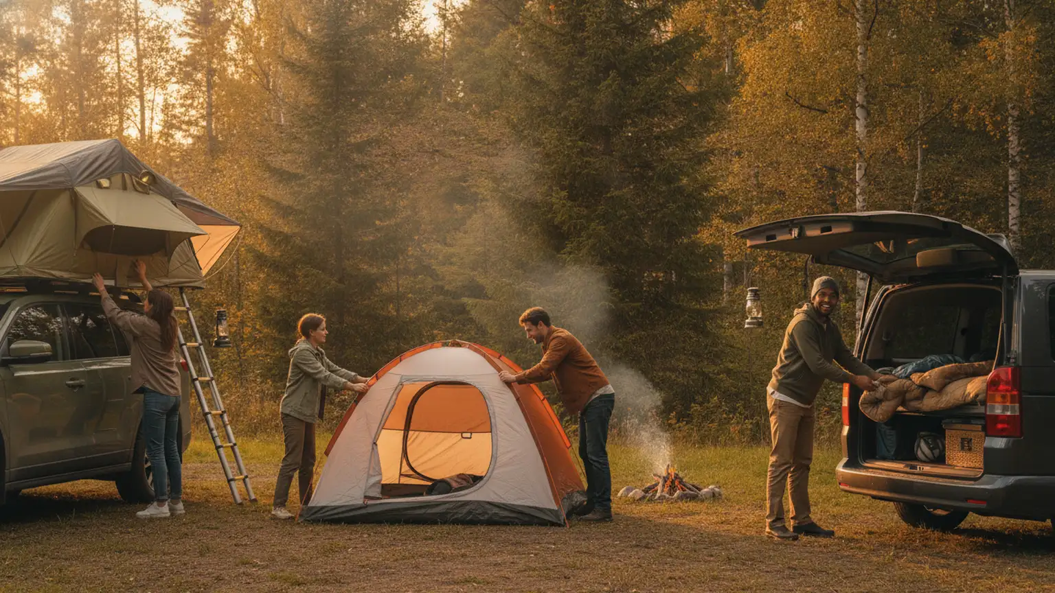 Camping scene at sunset, diverse group of people setting up different types of tents, roof tent on an SUV, ground tent nearby, another pe...