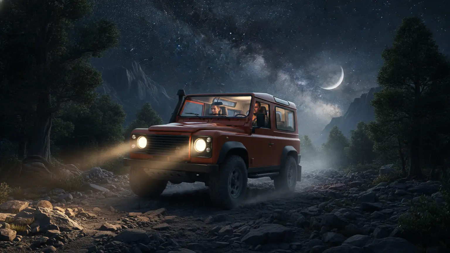 A rugged off-road vehicle navigating a rocky trail under a starry night sky, headlights illuminating the path ahead, a driver and passeng...
