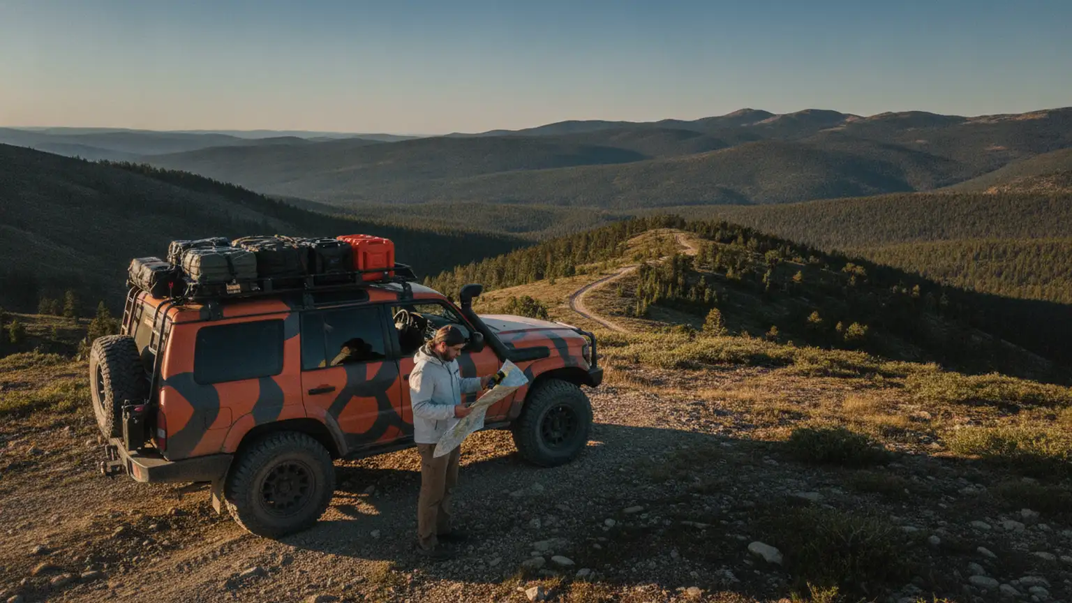 A lone adventurer in a rugged off-road vehicle, parked on a remote mountain trail, surrounded by vast wilderness, under a clear blue sky,...