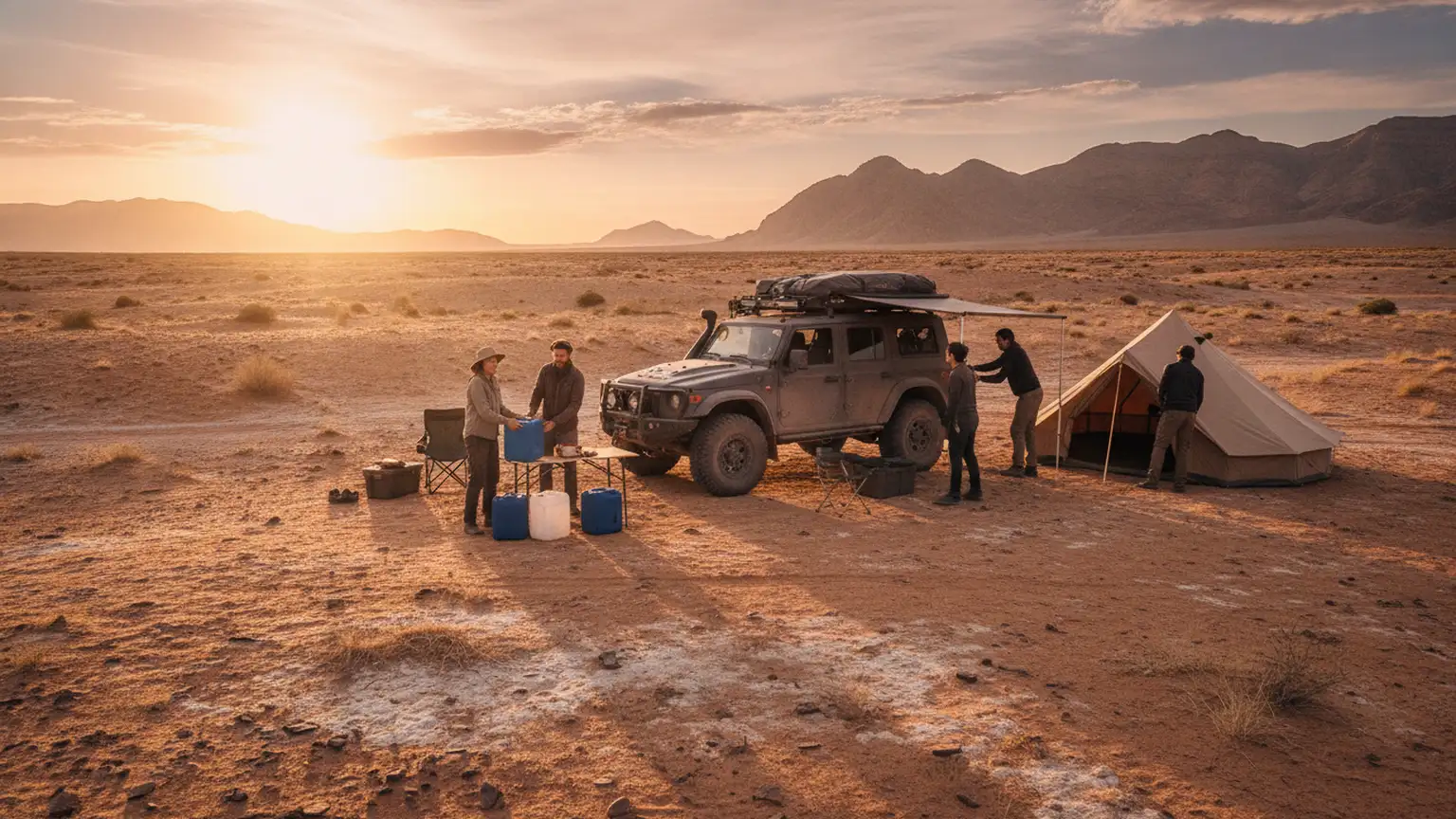 A group of overlanders setting up camp in a desert landscape, diverse people unloading water containers from a rugged off-road vehicle, g...