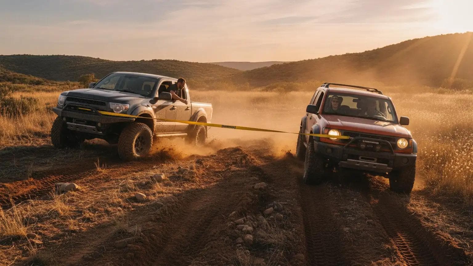 Rugged off-road landscape, two vehicles stuck in mud, one vehicle using a kinetic recovery rope with visible tension and elasticity, brig...