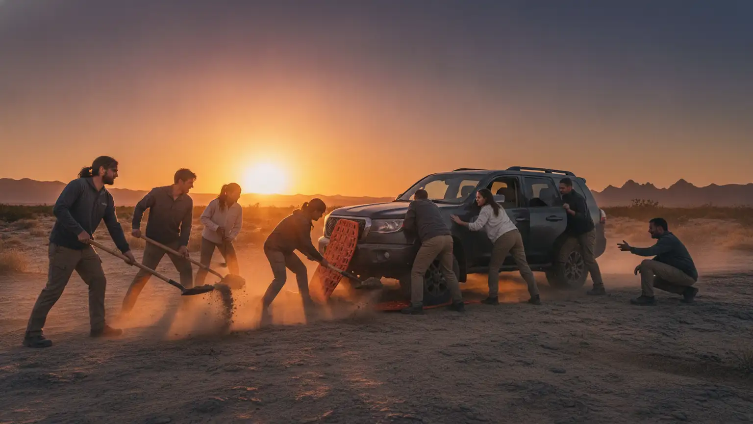 Sunset in a rugged off-road setting, a diverse group of people working together, using a shovel and traction boards to free a stuck vehic...