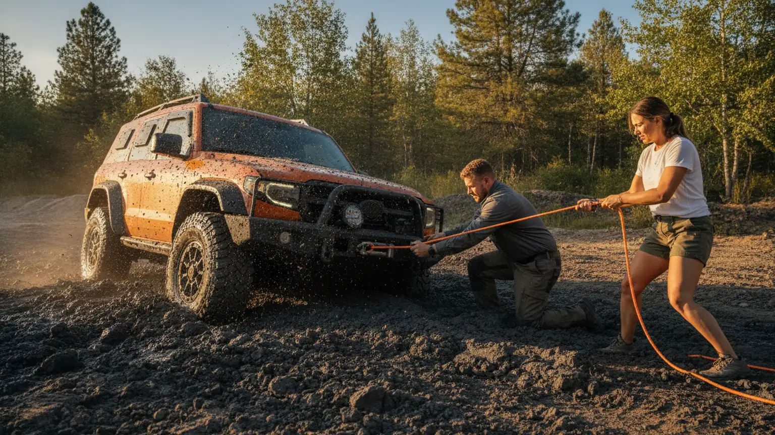 Off-road vehicle stuck in mud, two people attaching a kinetic rope to the vehicle, bright sunny day, rugged terrain with trees in the bac...