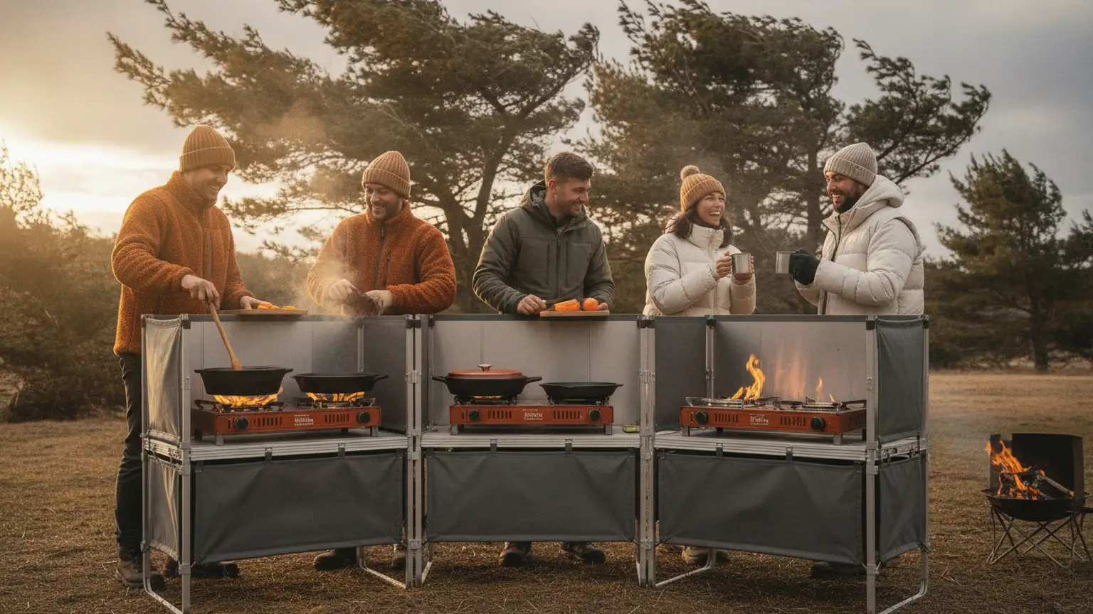 A group of campers cooking at a wind-resistant camp kitchen setup, sturdy tables and reliable stoves, heavy cookware in use, campers dres...