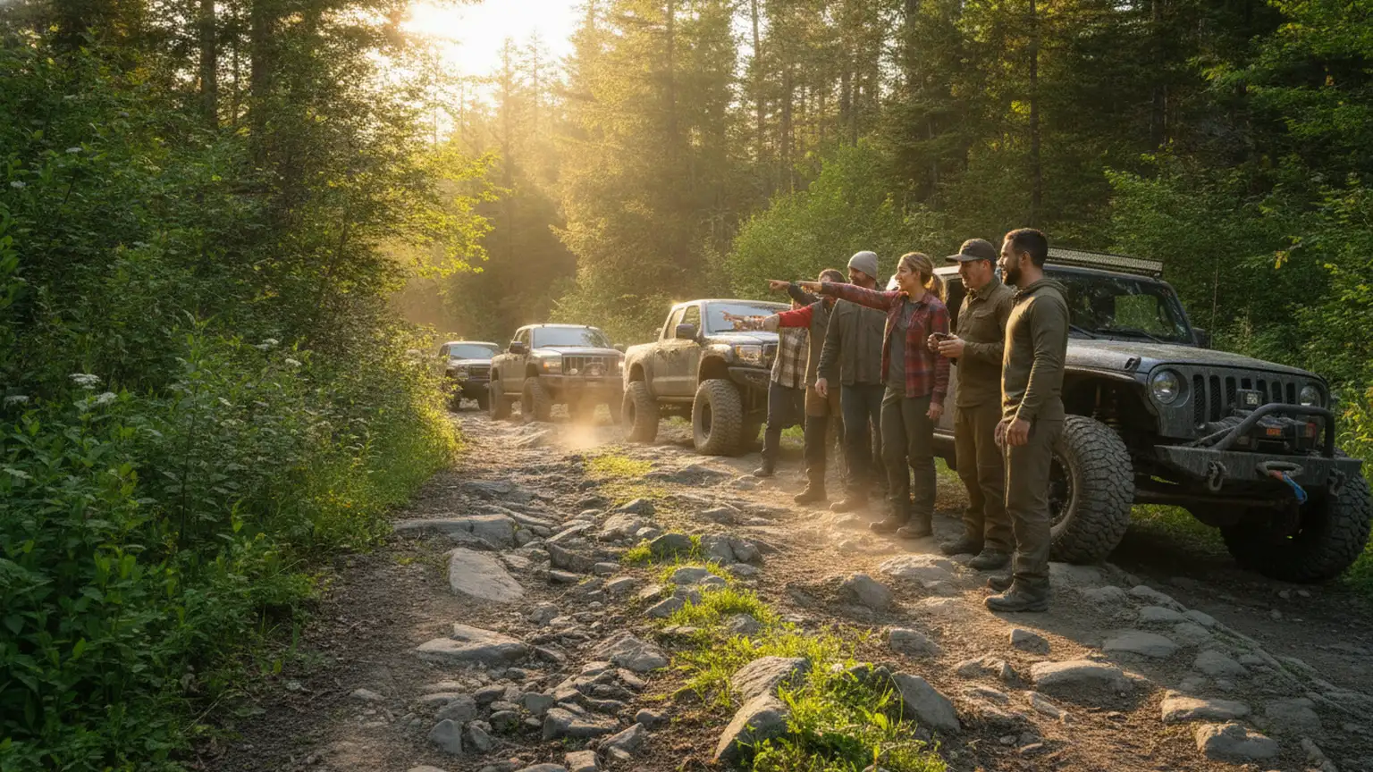 A group of off-road enthusiasts gathered around a rugged trail, diverse individuals pointing and discussing the terrain, sunlight filteri...