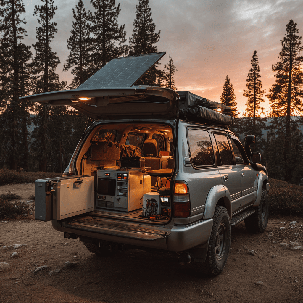 Overland vehicle with auxiliary battery system powering fridge and lights at camp