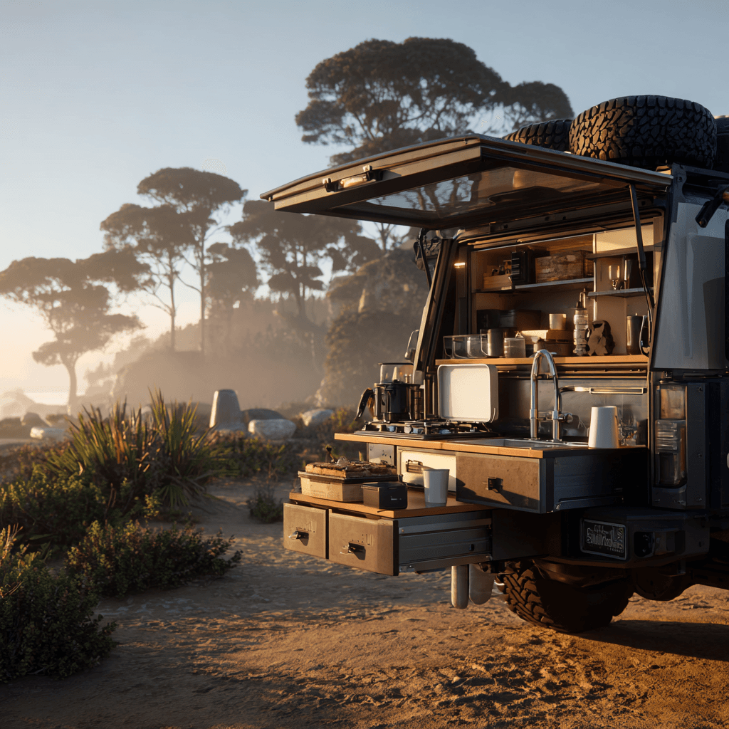 Overland campsite with vehicle kitchen and water system in use