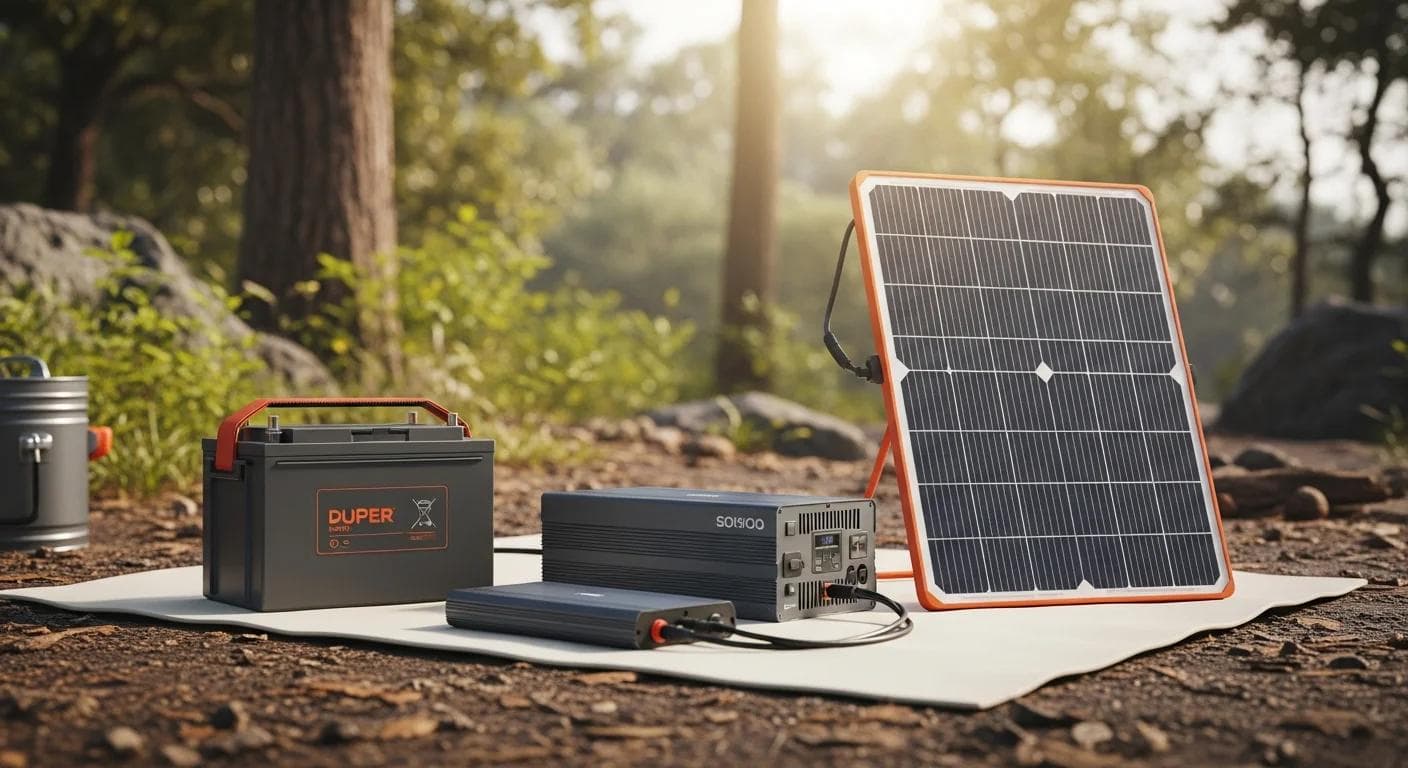 An engaging image of a DIY portable power station setup in a natural outdoor setting, showcasing components like a battery, inverter, and solar panel.. Style: Use a clean, photo-realistic style. no text.
. Color palette: burnt_orange, charcoal_gray, soft_white. Composition: Clean, modern aesthetic, Blend of rugged outdoor elements with subtle tech/modern touches, Emphasis on clarity and readability. Mood: Optimistic, Energetic, Clear and approachable. Wide landscape format, photo-realistic image. no text, no words, no letters, no typography