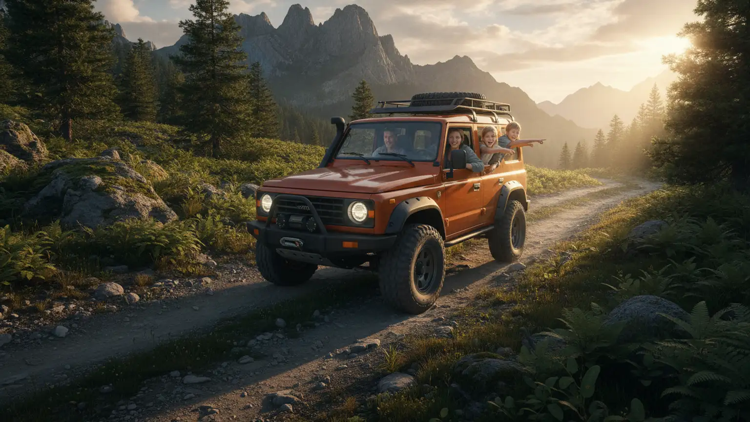 Family in a rugged 4x4 vehicle driving along a scenic mountain trail, lush greenery and distant peaks in the background, children looking...
