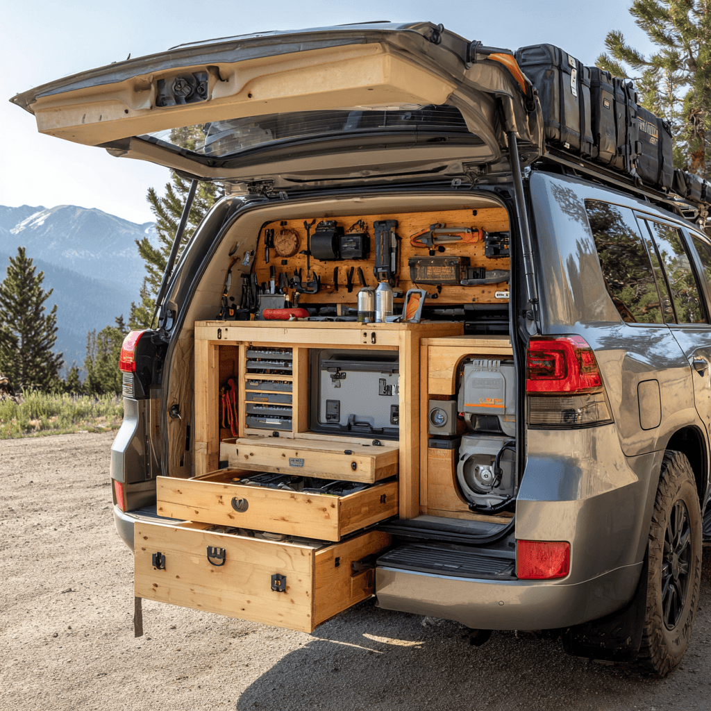 Overland vehicle with drawer system and organized storage setup