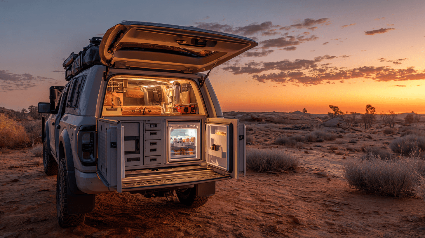 Overland vehicle with fridge and auxiliary battery system at a remote campsite